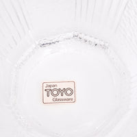 A closeup of the Japan Toyo Glassware label on the base of a small vintage decadon shaped glass on show at NiMi Projects UK.