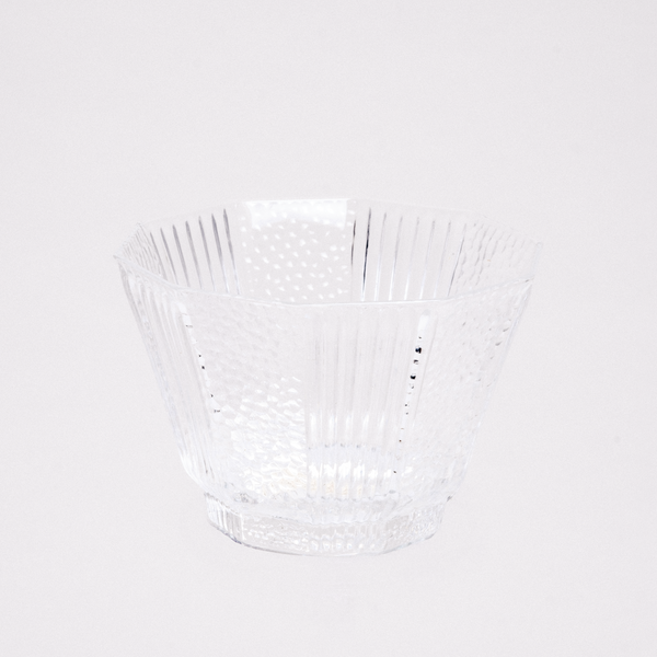 A small vintage Japanese decadon shaped glass, made by Toyo and featuring alternating sides of stippled glass and grooved glass. On show at NiMi Projects