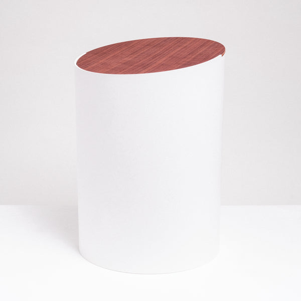 Moheim cylindrical swing bin with slanted walnut wood lid, Japanese minimalist design, made in Japan, available at NiMi Projects