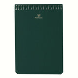 A top image of a Postalco A6 Note Book in hunter green, with a spiral top and featuring the Postalco bird logo debossed in gold.