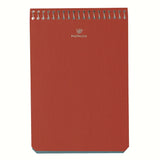 A top image of a Postalco A6 Note Book in signal red, with a spiral top and featuring the Postalco bird logo debossed in gold.