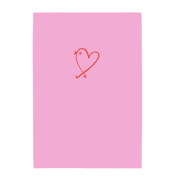 A pink greeting or Valentine Card designed by Takako Copeland and featuring a line illustration of a bird shaped as a heart. Available at NiMi Projects.